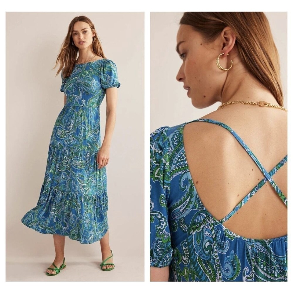 BODEN NWT Cutout Back Jersey Soft Stretch Blue Paisley Maxi Dress Size US 14